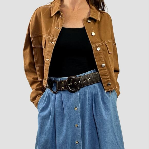 Top Shop Rust Brown Cropped Denim Jacket Sz M - Picture 1 of 9